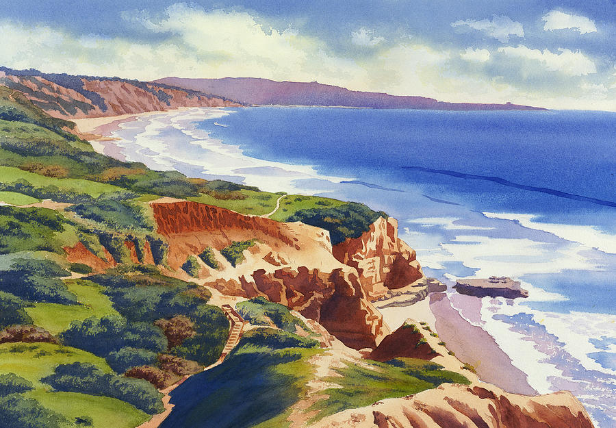 Flat Rock and Bluffs at Torrey Pines Painting by Mary Helmreich