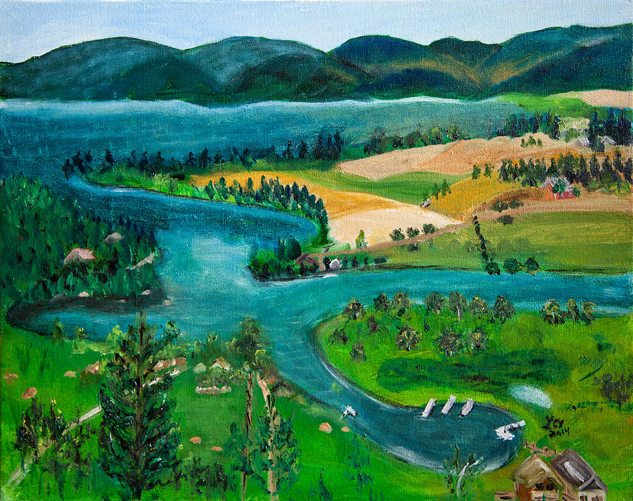 View of Flathead River and Lake Painting by Lucille  Valentino
