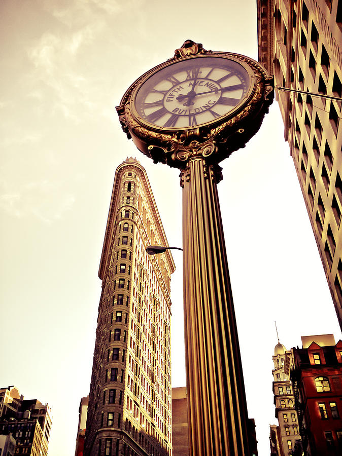 New York City Photograph - Flatiron Building and 5th Avenue Clock by Vivienne Gucwa