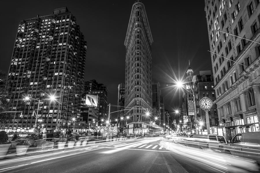 Flatiron Building at Night Black and White Photograph by David Morefield