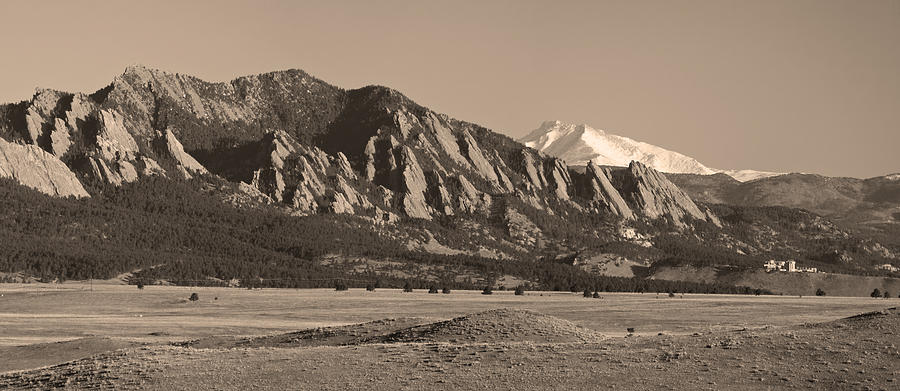 Flatirons and Snow Covered Longs Peak Panorama in Sepia Photograph by James BO Insogna