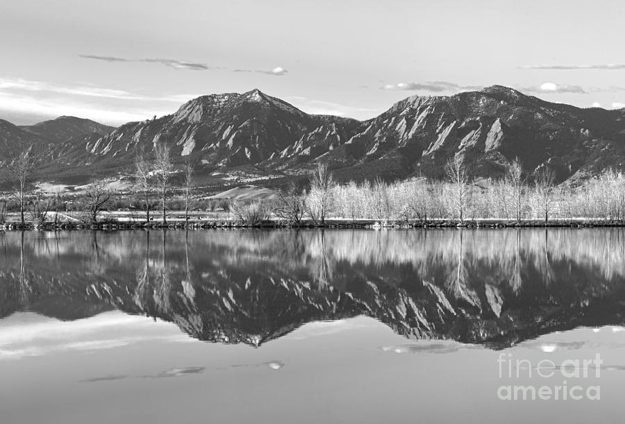 Flatirons Reflections Light  Boulder Colorado Black and White Panorama Photograph by James BO Insogna