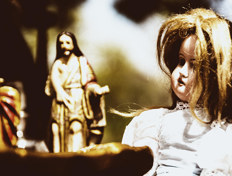 Vintage Photograph - Flea Market Series - Doll and Jesus by Marco Oliveira