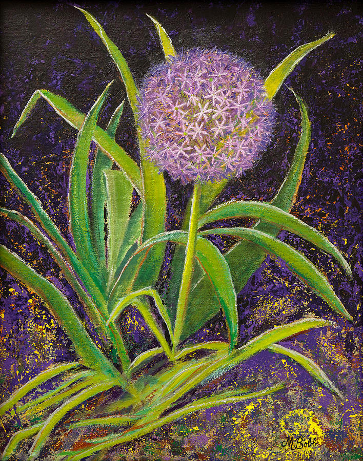 Floral Painting - Fleur d Allium with Iris Leaves Backup by Margaret Bobb Floral Painting - Fleur d Allium with Iris Leaves Backup by Margaret Bobb