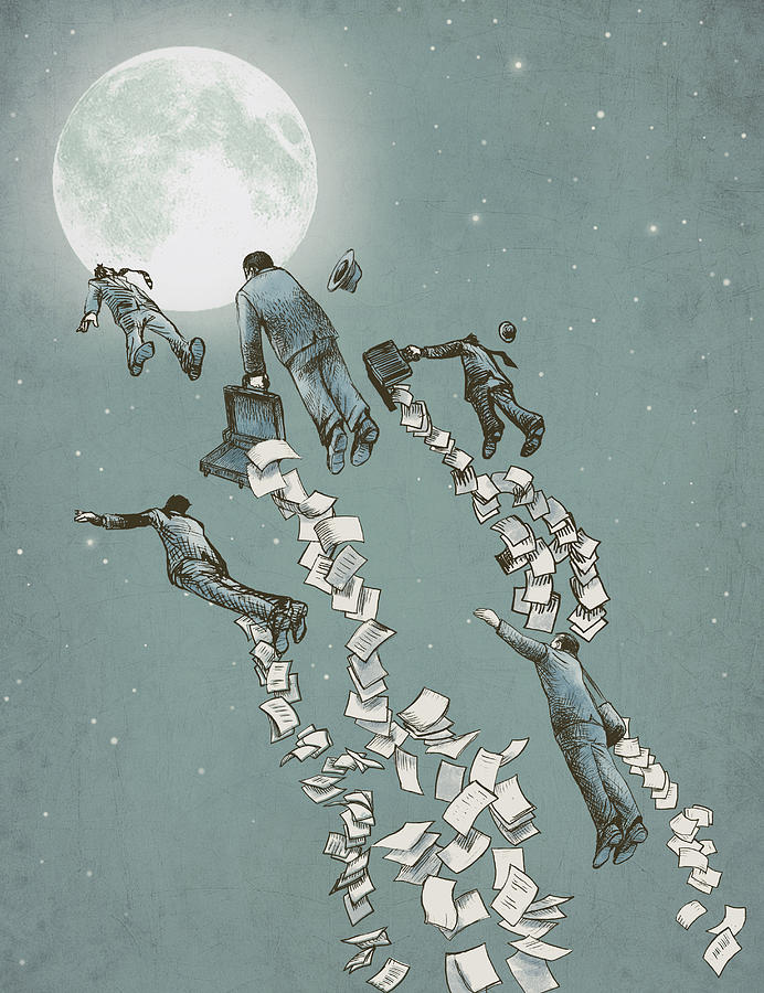 Moon Drawing - Flight of the Salary Men by Eric Fan