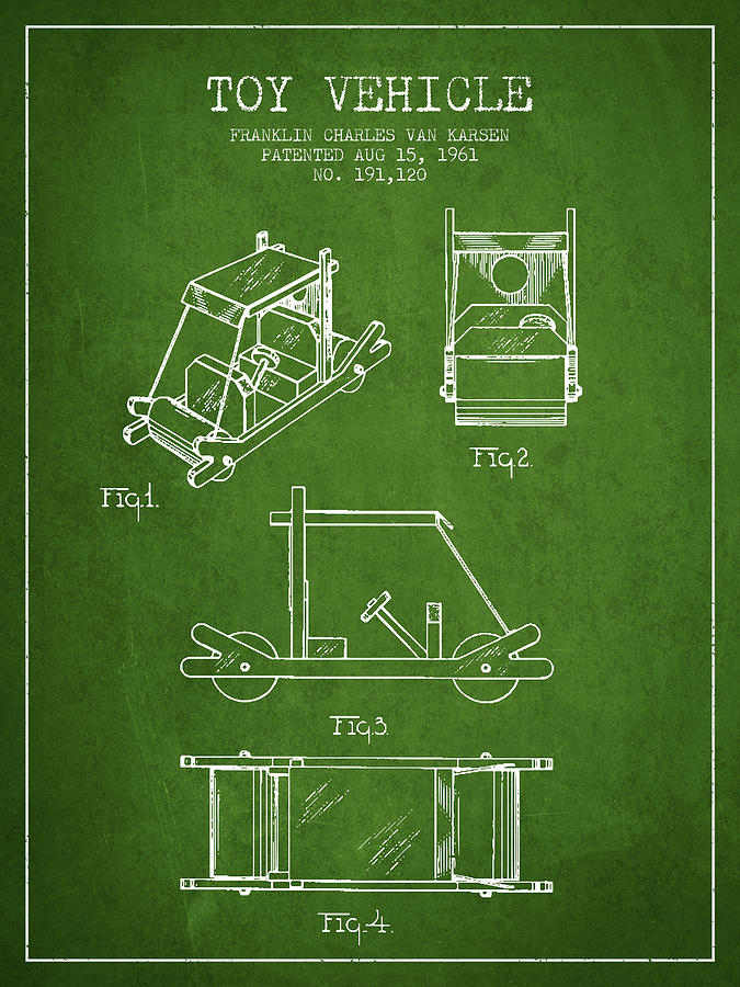 Vintage Digital Art - Flintstones Toy Vehicle patent from 1961 - Green by Aged Pixel