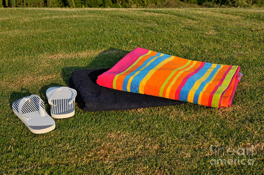 Summer Photograph - Flip flops and towels on grass by George Atsametakis