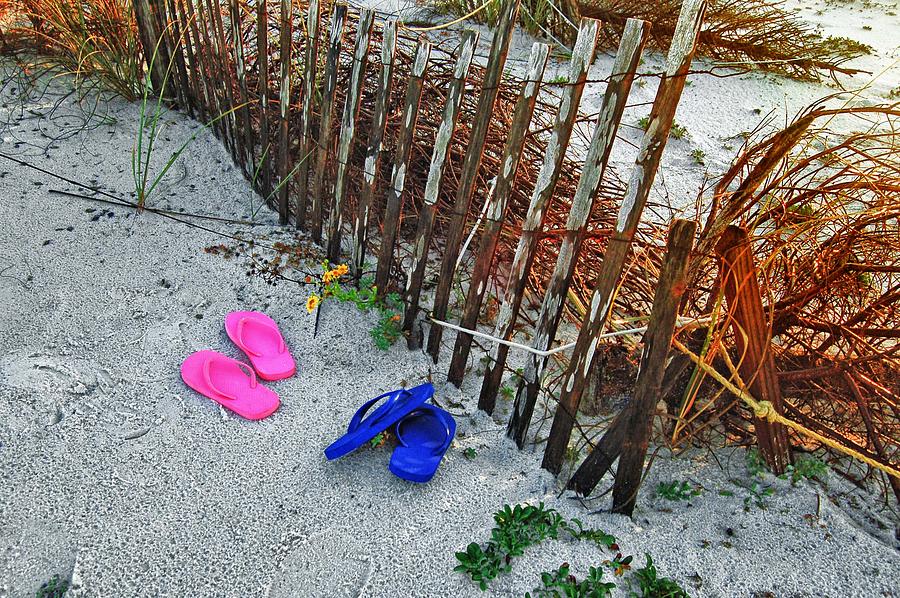 Flip Flops at the Fence with Yellow Flower Digital Art by Michael Thomas