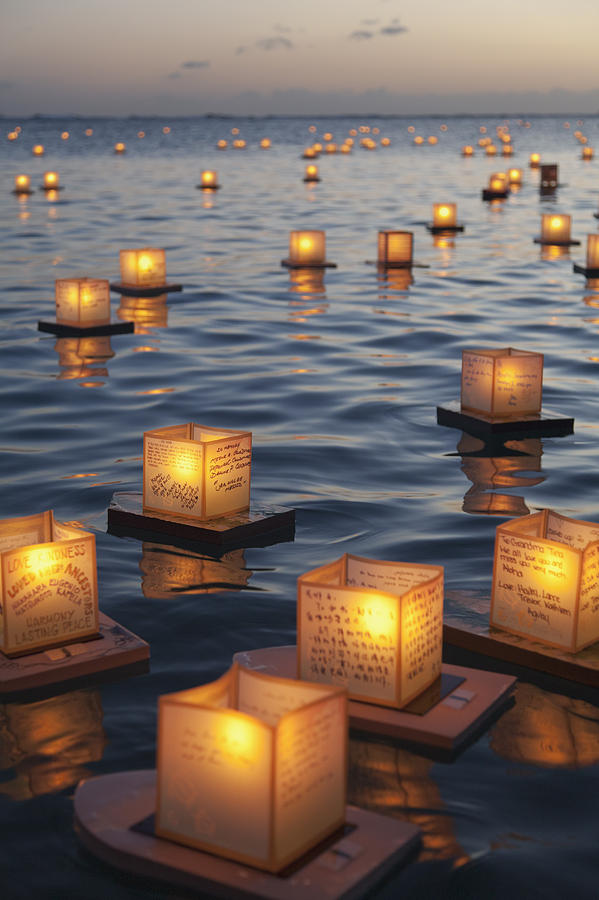 Sunset Photograph - Floating Lanterns at Sunset by Brandon Tabiolo