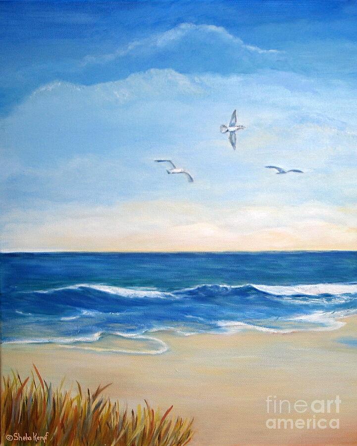 Flock of Three - Three Birds on the Beach Painting by Shelia Kempf