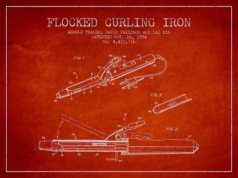 Vintage Digital Art - Flocked Curling Iron patent from 1984 - Red by Aged Pixel