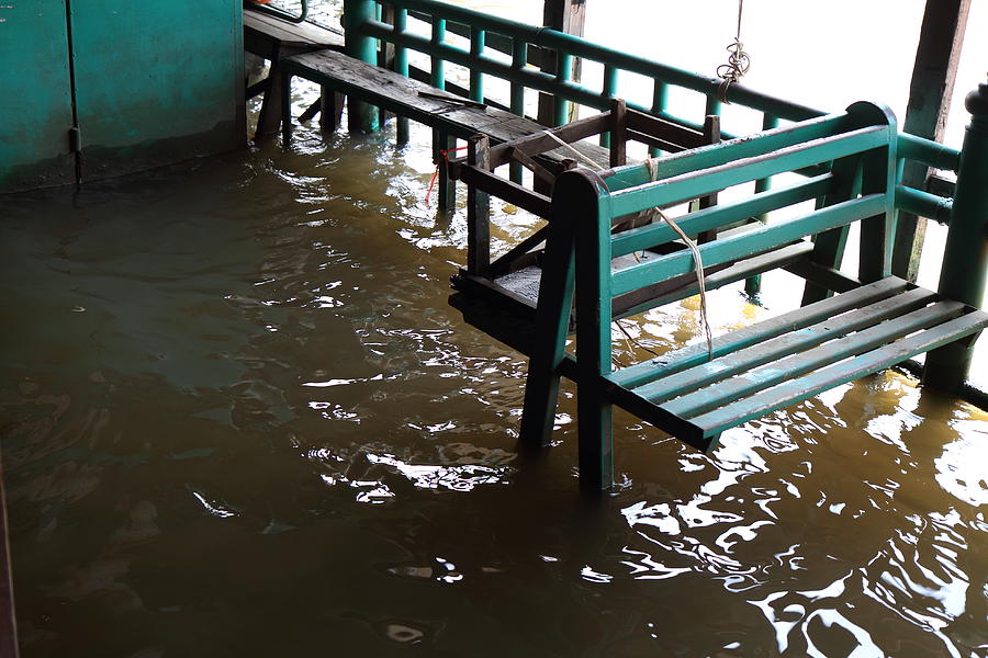 Boat Photograph - Flooded docks of a river boat taxi in Bangkok Thailand - 01133 by DC Photographer