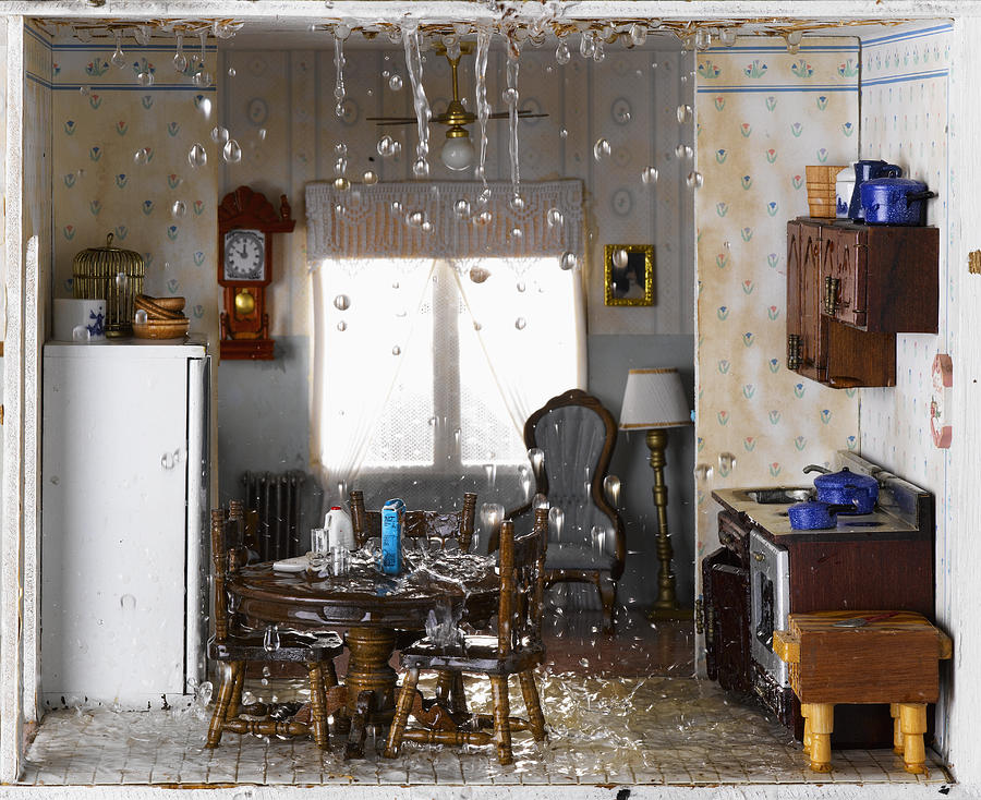 Flooded house and ceiling leaking water into kitchen Photograph by Jeffrey Hamilton