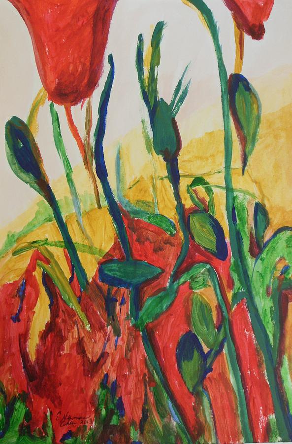 Flora in Red Green and Yellow Painting by Esther Newman-Cohen