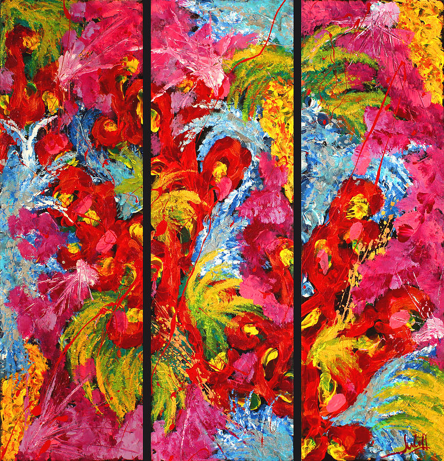 Floral Abstract Triptych on black background Painting by