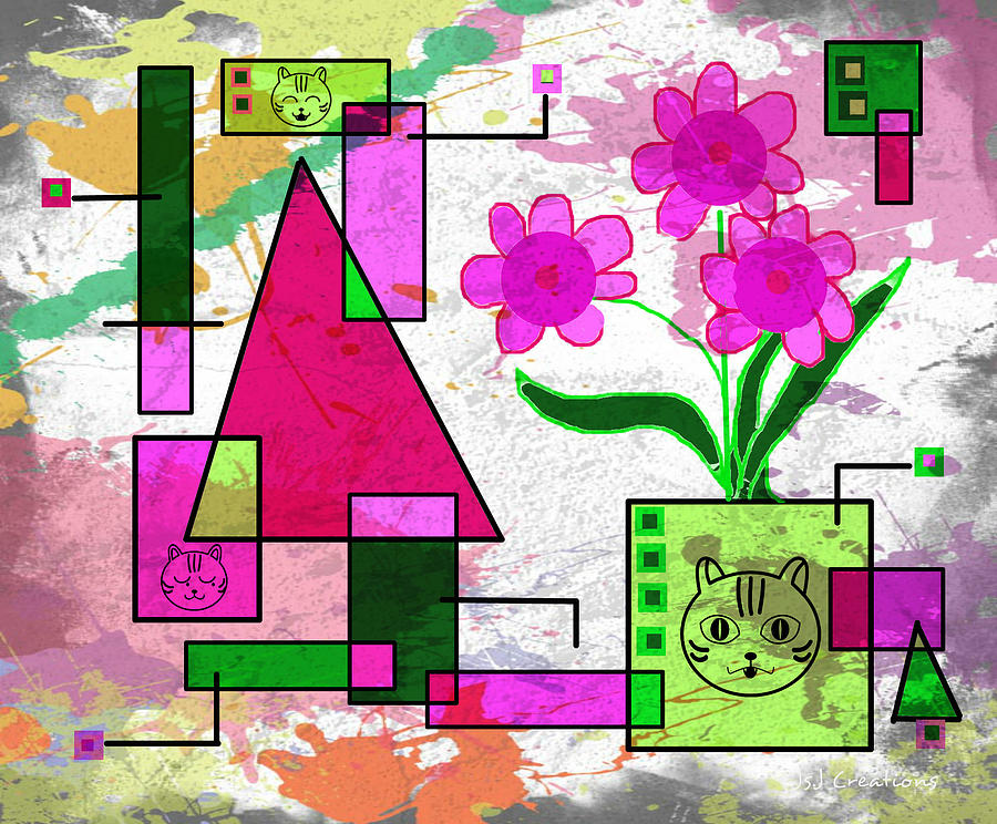 Abstract Digital Art - Floral and Pussycats by Jan Artist