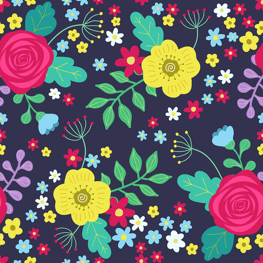 Floral Colorful Seamless Pattern With Digital Art by Ekaterina Bedoeva