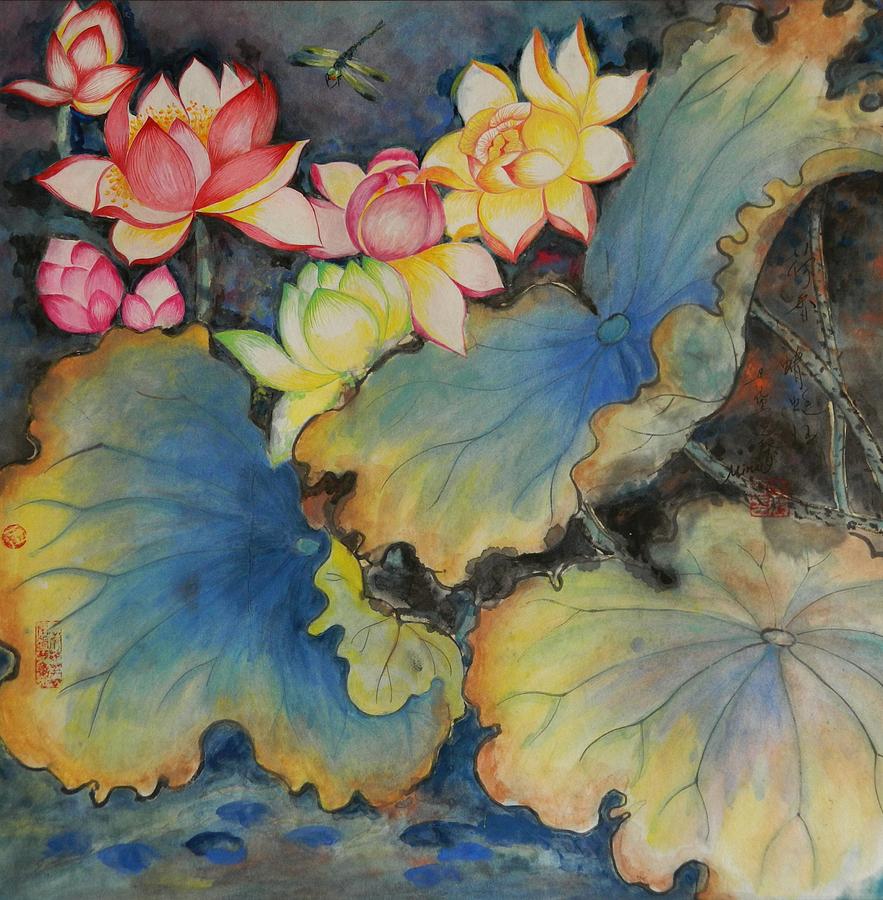 Floral Dragon Fly Painting by L R B