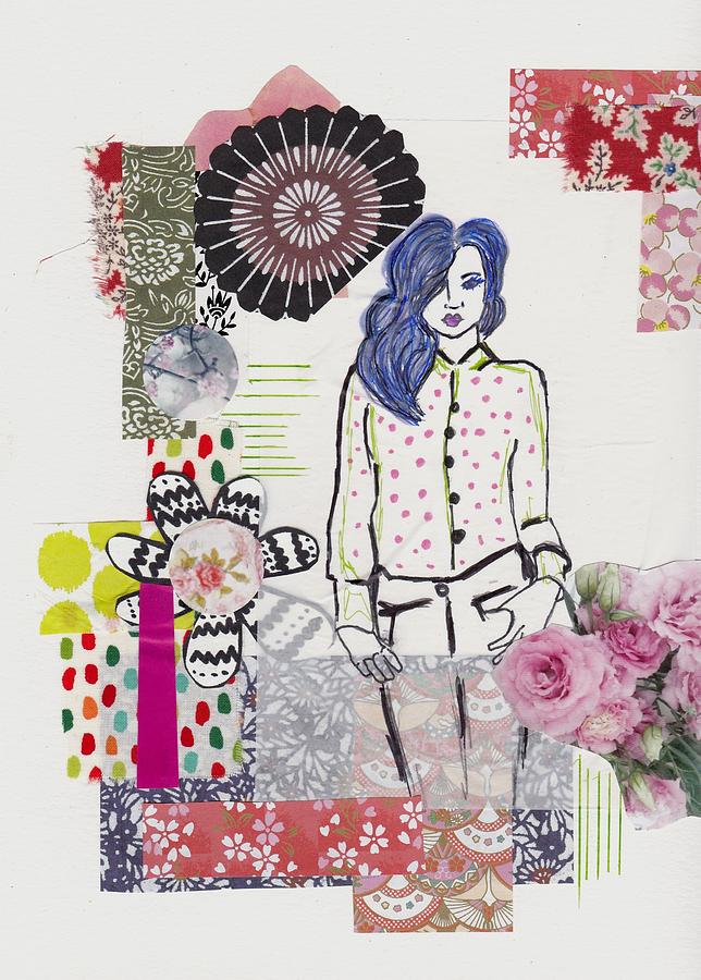 Floral fashion girl collage Mixed Media by Rosalina Bojadschijew