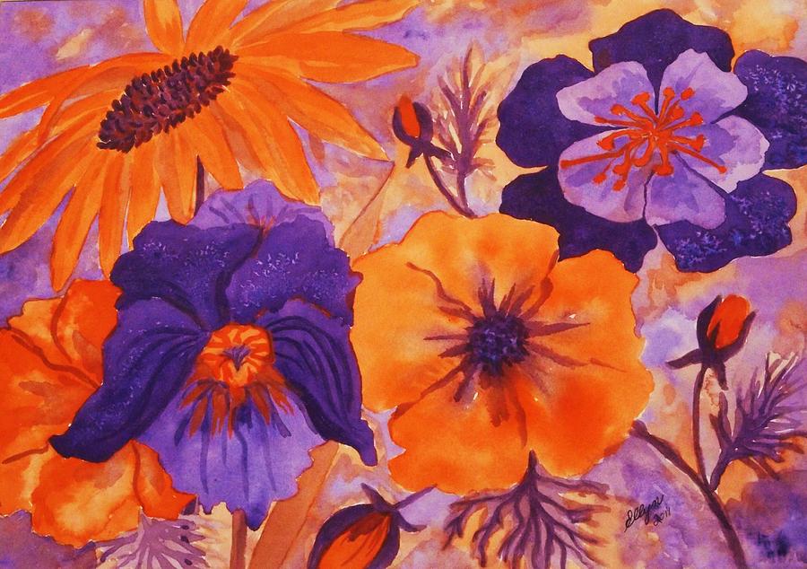 Floral Images in Orange and Purple Painting by Ellen Levinson