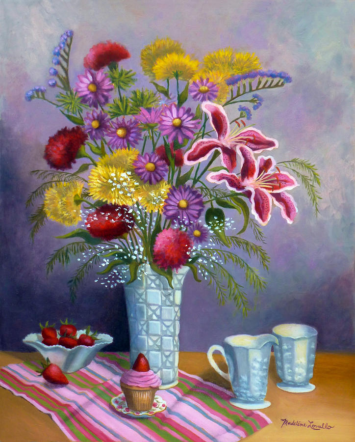 Floral With Milk Glass and Cupcake Painting by Madeline  Lovallo
