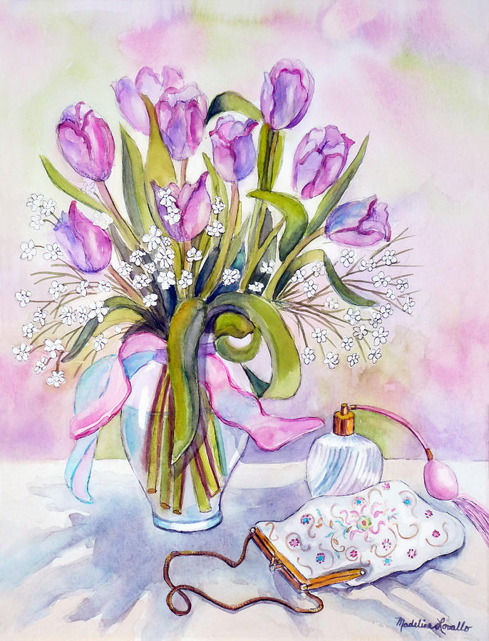 Floral With Purse And Perfume Bottle Painting by Madeline  Lovallo