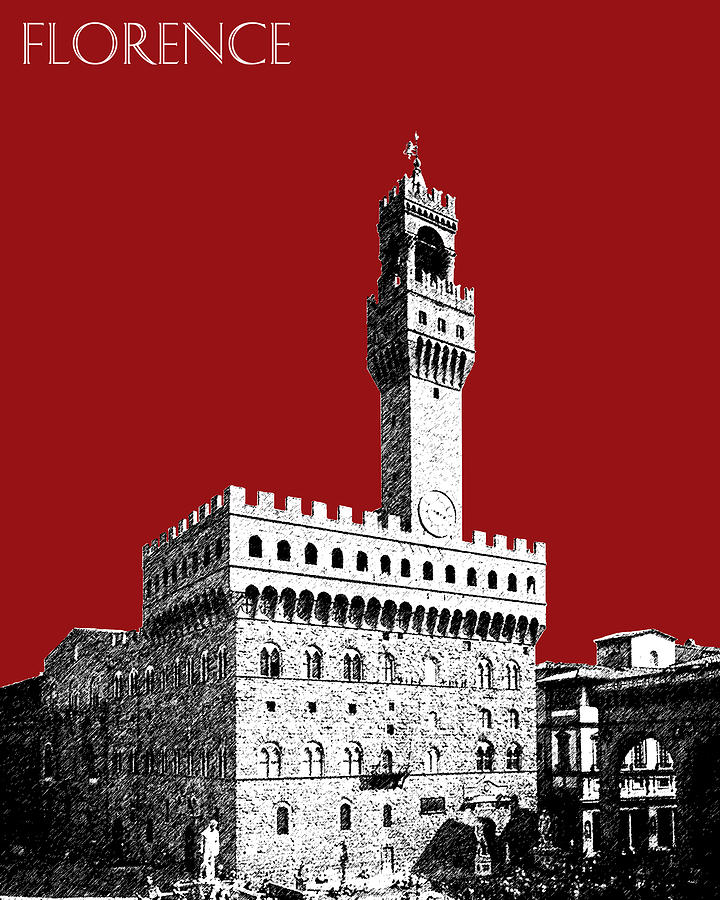Florence Skyline Palazzo Vecchio - Dark Red Digital Art by DB Artist