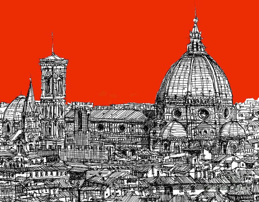 Architecture Drawing - Florences Duomo on orange by Adendorff Design