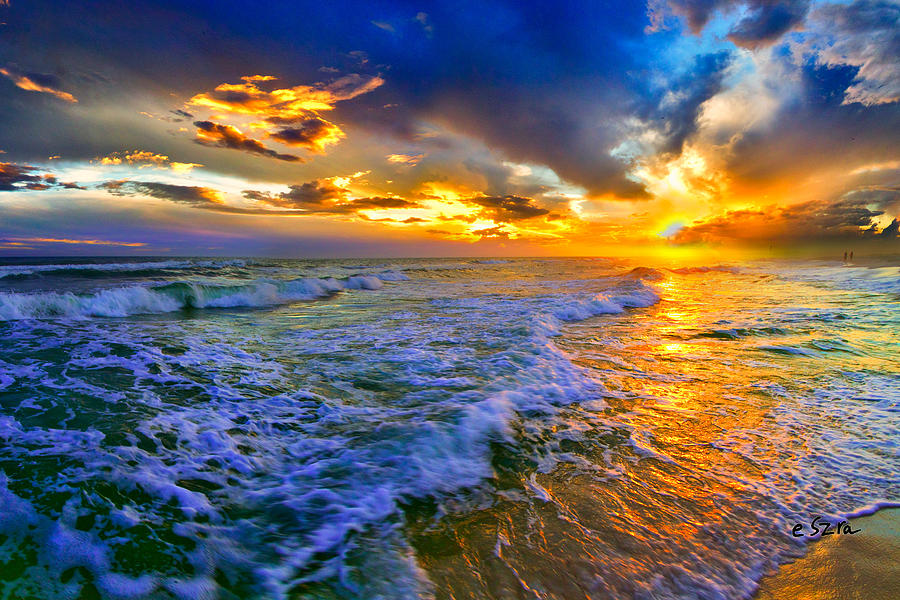 Florida Beach-Golden Suntrail Sunset-Rolling Sea Waves Photograph by Eszra Tanner