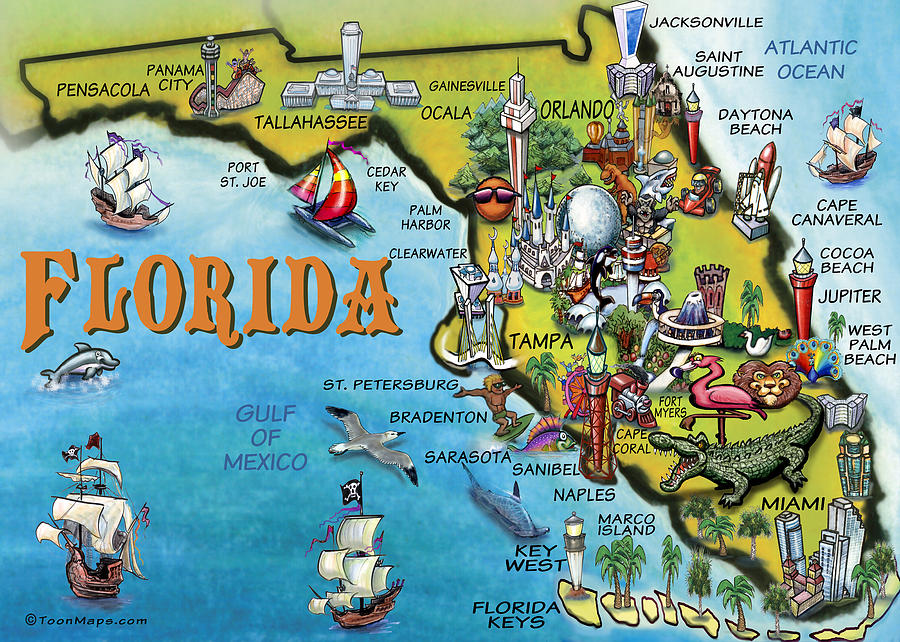 Florida Cartoon Map Digital Art by Kevin Middleton