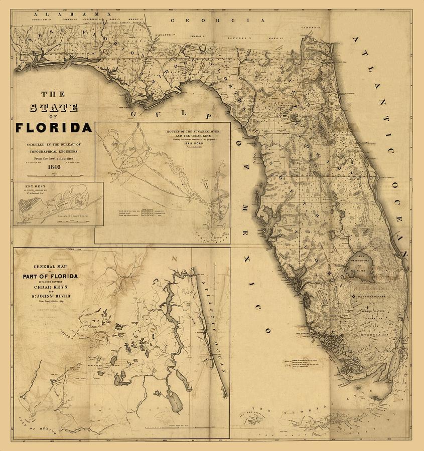 Florida Map Art Vintage Antique Map Of Florida Digital Art By World