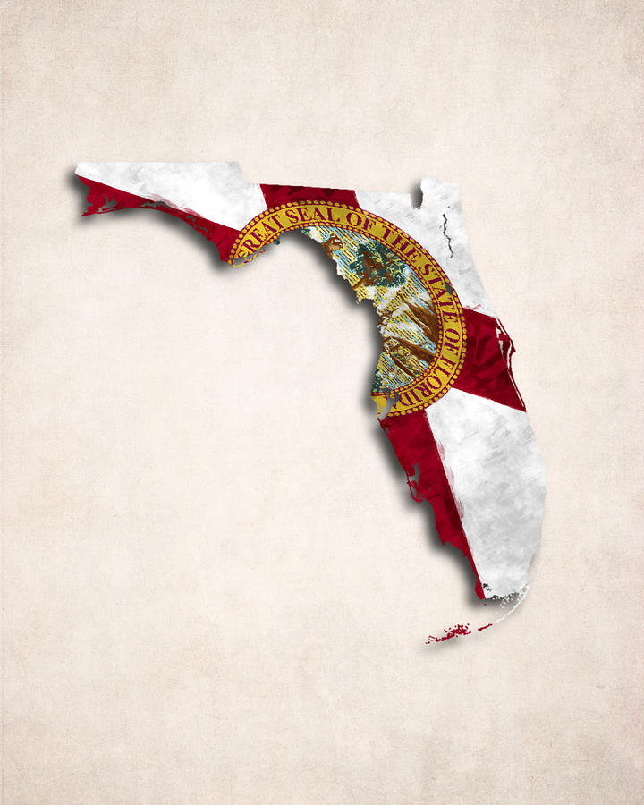 Florida Map Digital Art - Florida Map Art with Flag Design by World Art Prints And Designs