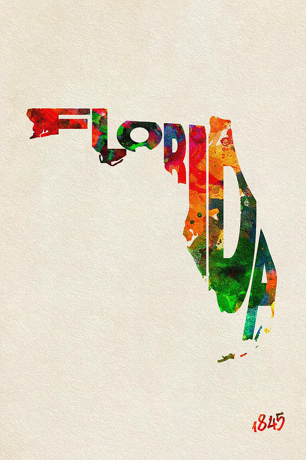 Miami Painting - Florida Typographic Watercolor Map by Inspirowl Design