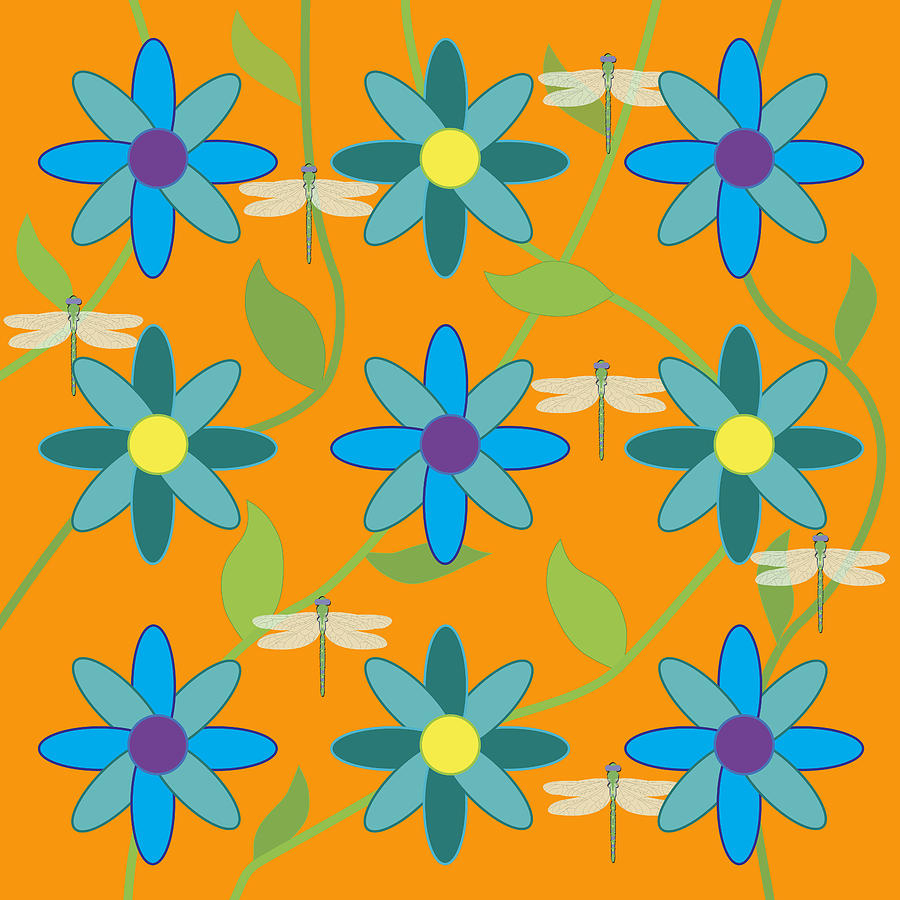 Flower and Dragonfly Design with Orange Background Digital Art by Belinda Greb