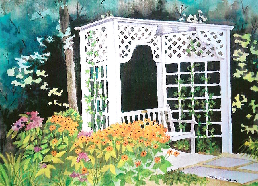Flower Arbor with Bench - Mill Creek Park Painting by Laurie Anderson