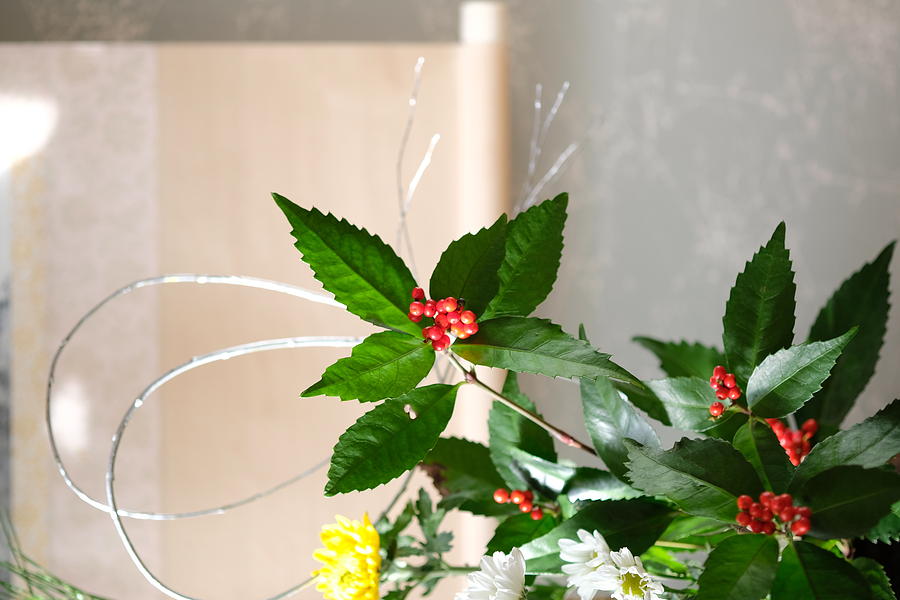 Flower arrangement with Japanese style for new year celebration. Photograph by Keiko Iwabuchi