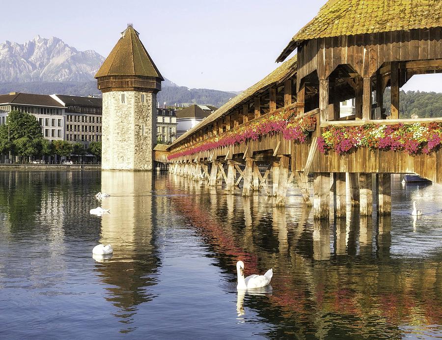 Landscape Photograph - Flower Bridge in Lucerne Switzerland by Nian Chen