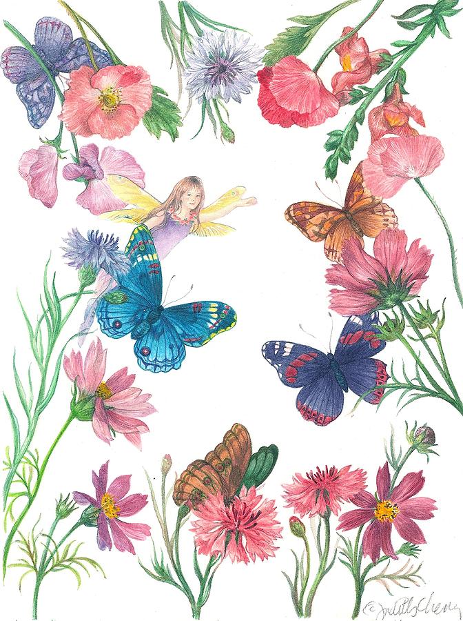 Flower Fairy Illustrated Butterfly Painting by Judith Cheng