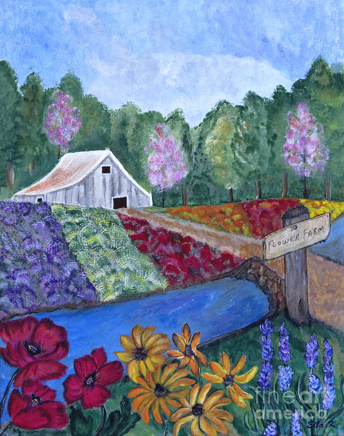 Flower Farm -Poppies Daisies Lavender Whimsical Painting Painting by Ella Kaye Dickey