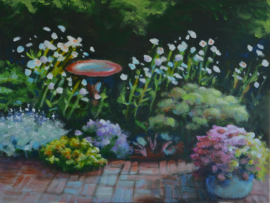 Flower Garden With Bird Bath Painting by Renee Peterson