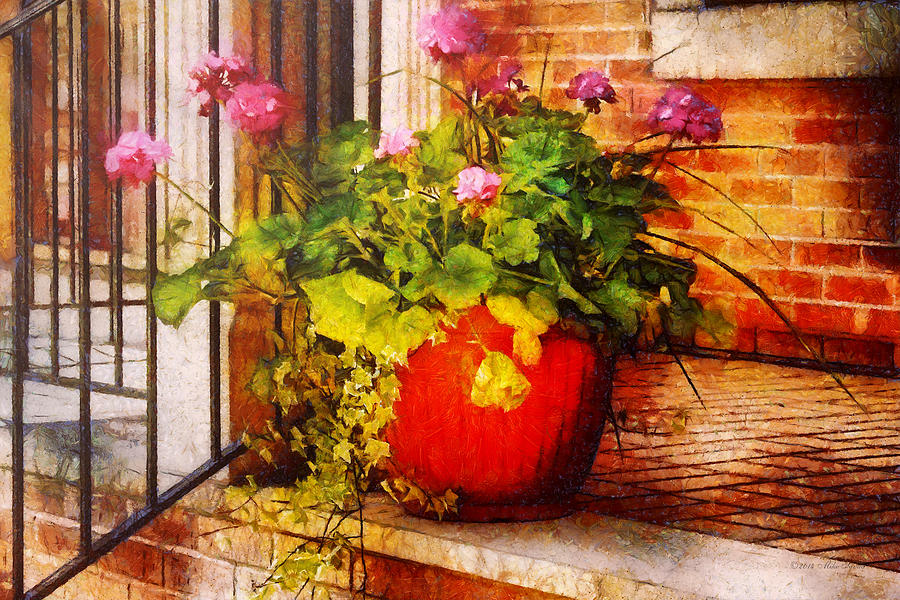 Brick Photograph - Flower - Geraniums - One fine sunny day by Mike Savad
