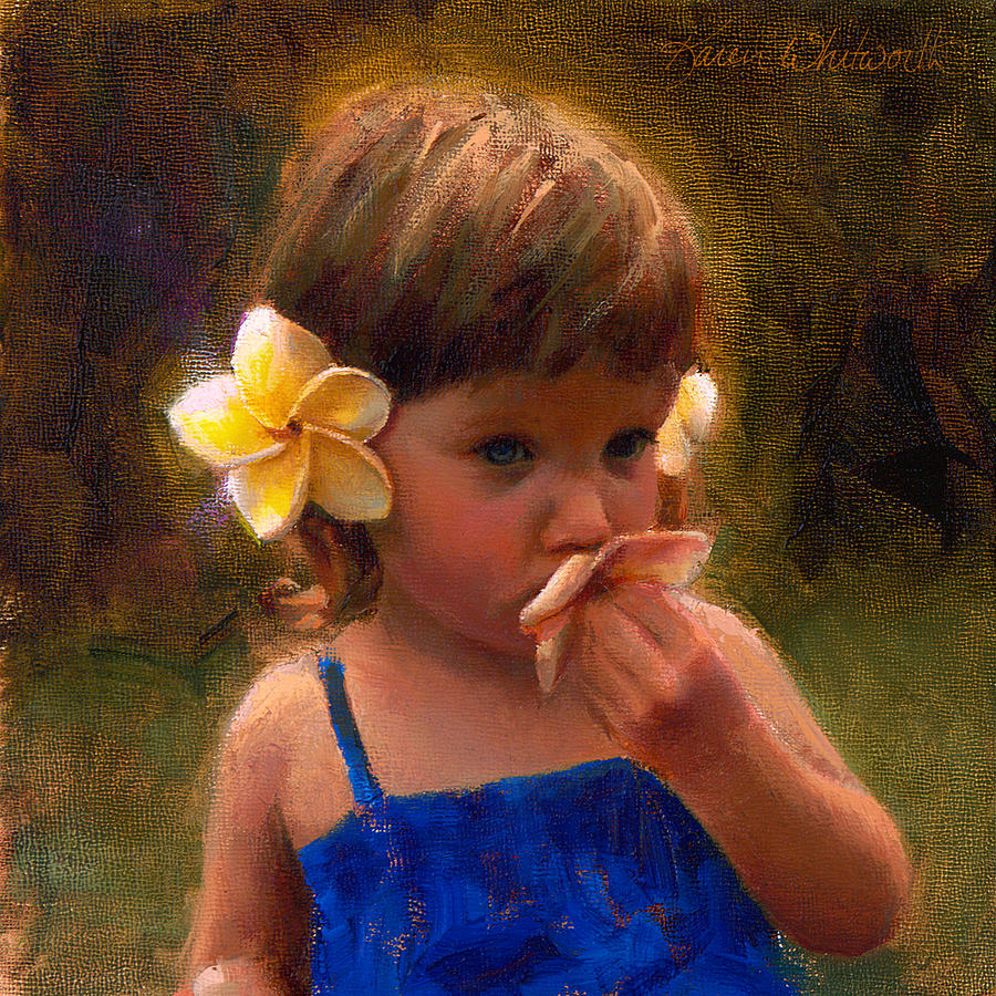 Flower Girl - Tropical Portrait with Plumeria Flowers Painting by K Whitworth