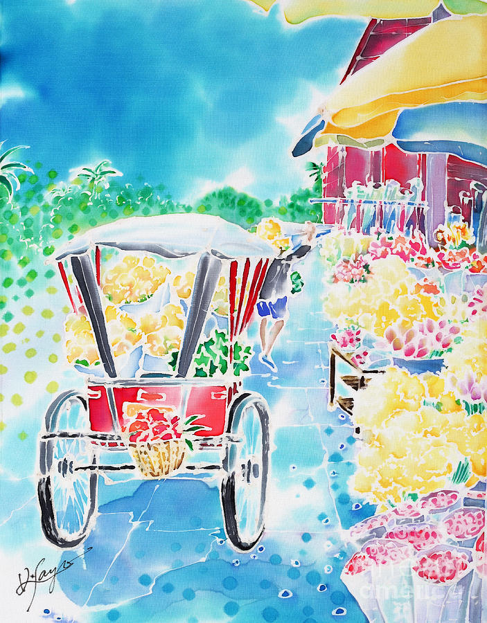 Flower market  in Chiang Mai Painting by Hisayo OHTA