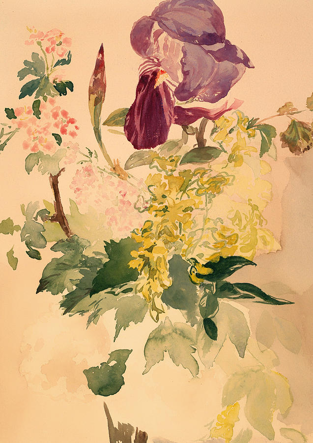 Vintage Painting - Flower Piece with iris laburnum and geranium by Mountain Dreams