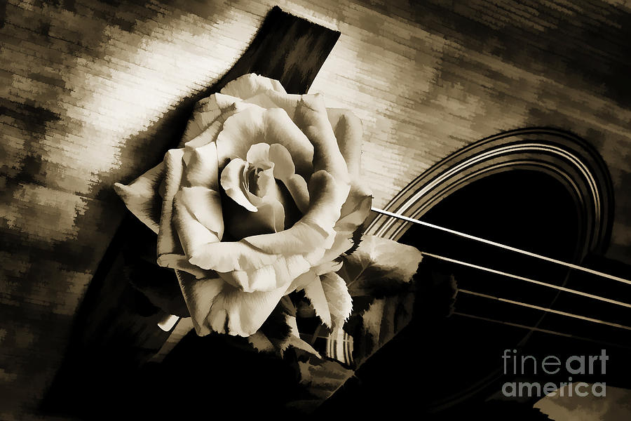 Flower Rose Bloom on Guitar Painting in Sepia 3264.01 Photograph by M K Miller