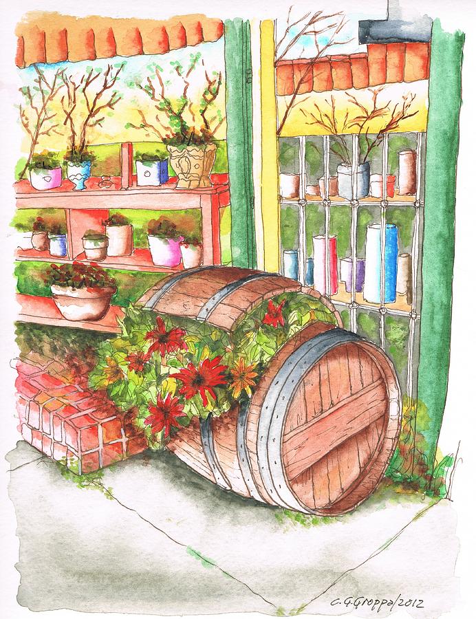 Barrel with flowers in a flower shop in West Hollywood - California Painting by Carlos G Groppa