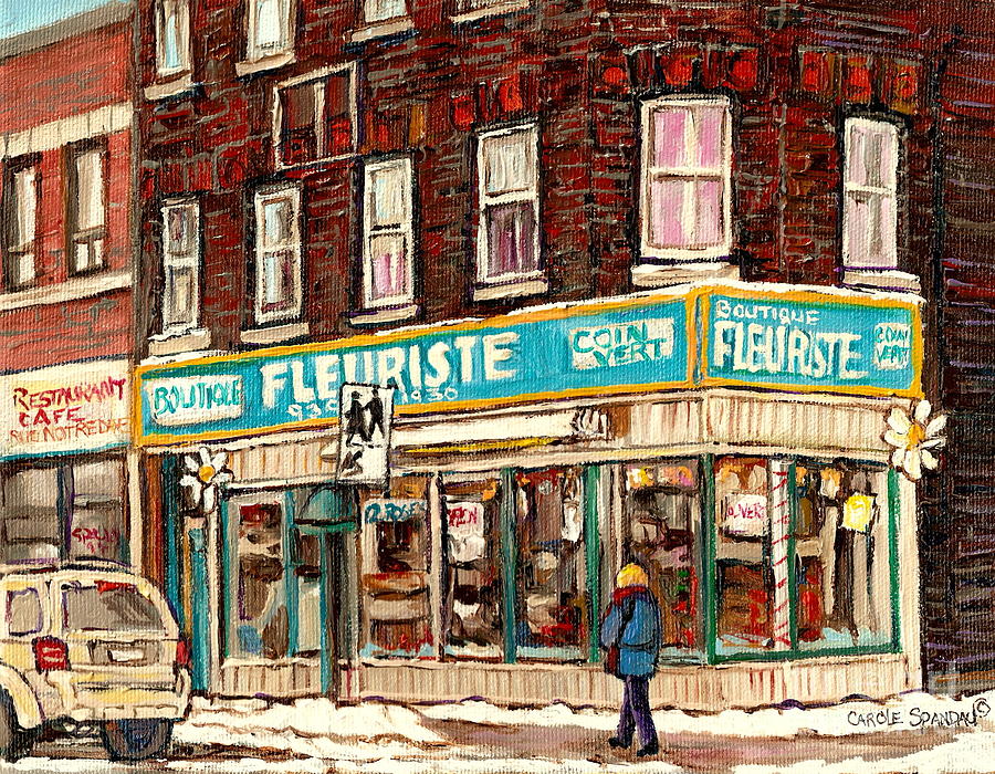Flower Shop Rue Notre Dame Street Coin Vert Fleuriste Boutique Montreal Winter Stroll Scene Painting by Carole Spandau