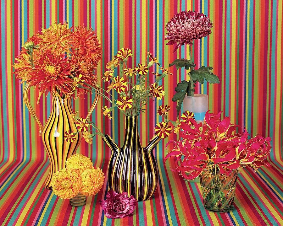 Flower Vases Against Striped Fabric Photograph by Lisa Charles Watson