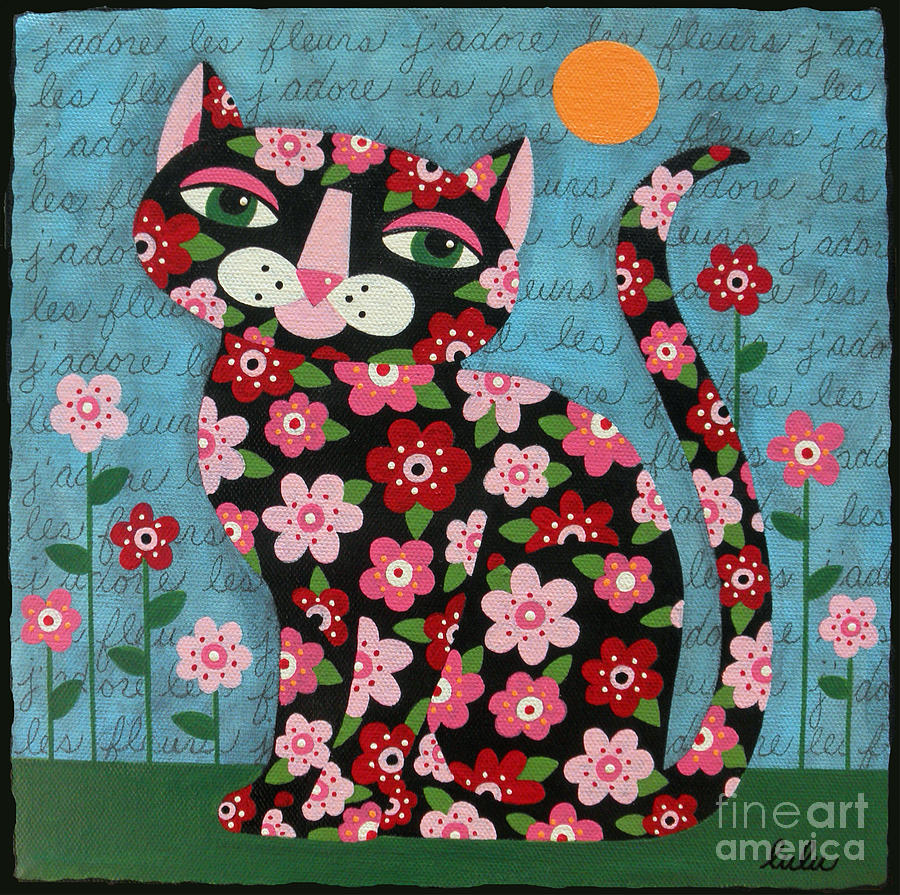 Cat Painting - Flowered Calico Black Cat by Andree Chevrier