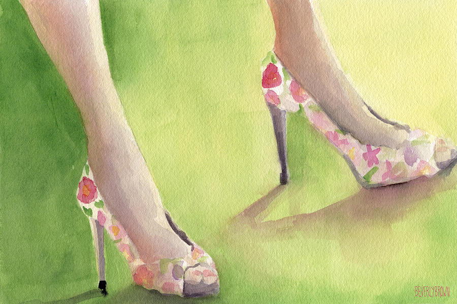 Fashion Painting - Flowered Shoes Fashion Illustration Art Print by Beverly Brown